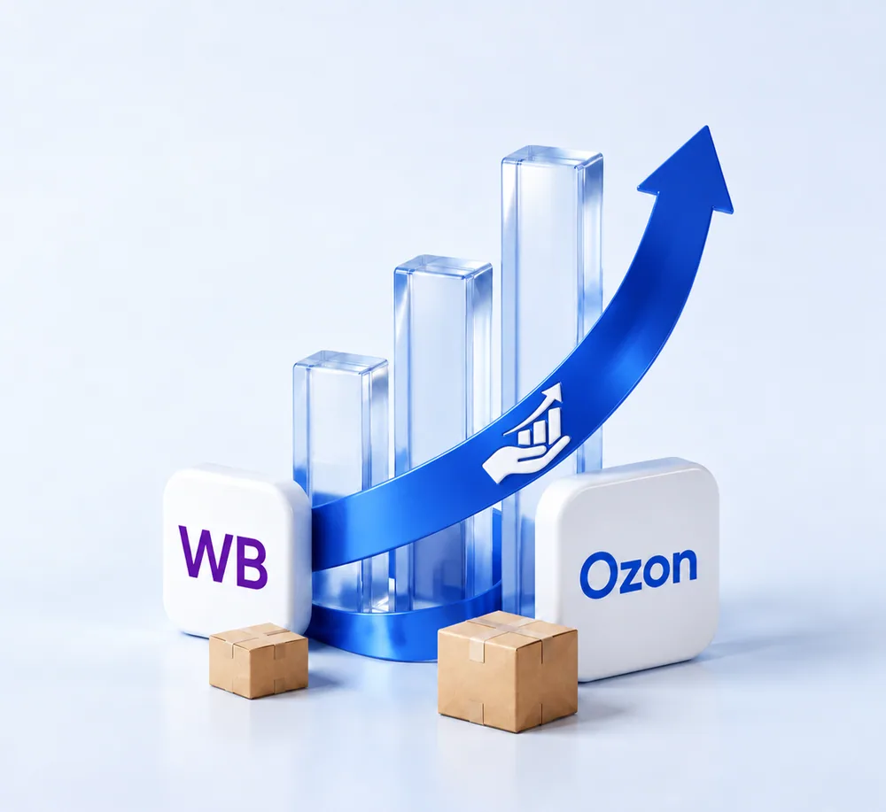 Объёмная композиция роста: площадки Wildberries и Ozon, посылки и восходящая синяя стрелка